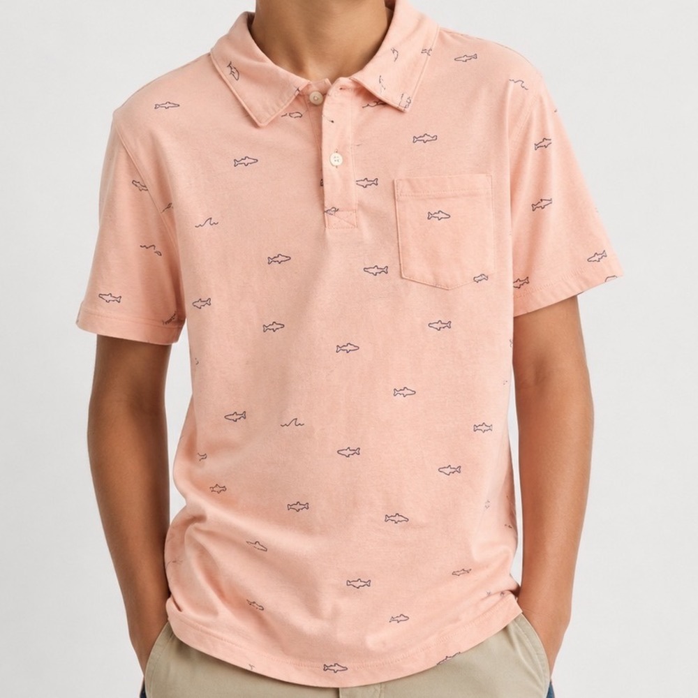 Cat & Jack Polo Shirt Kids XL 16 Pink Shark Print Short Sleeve Pocket Casual